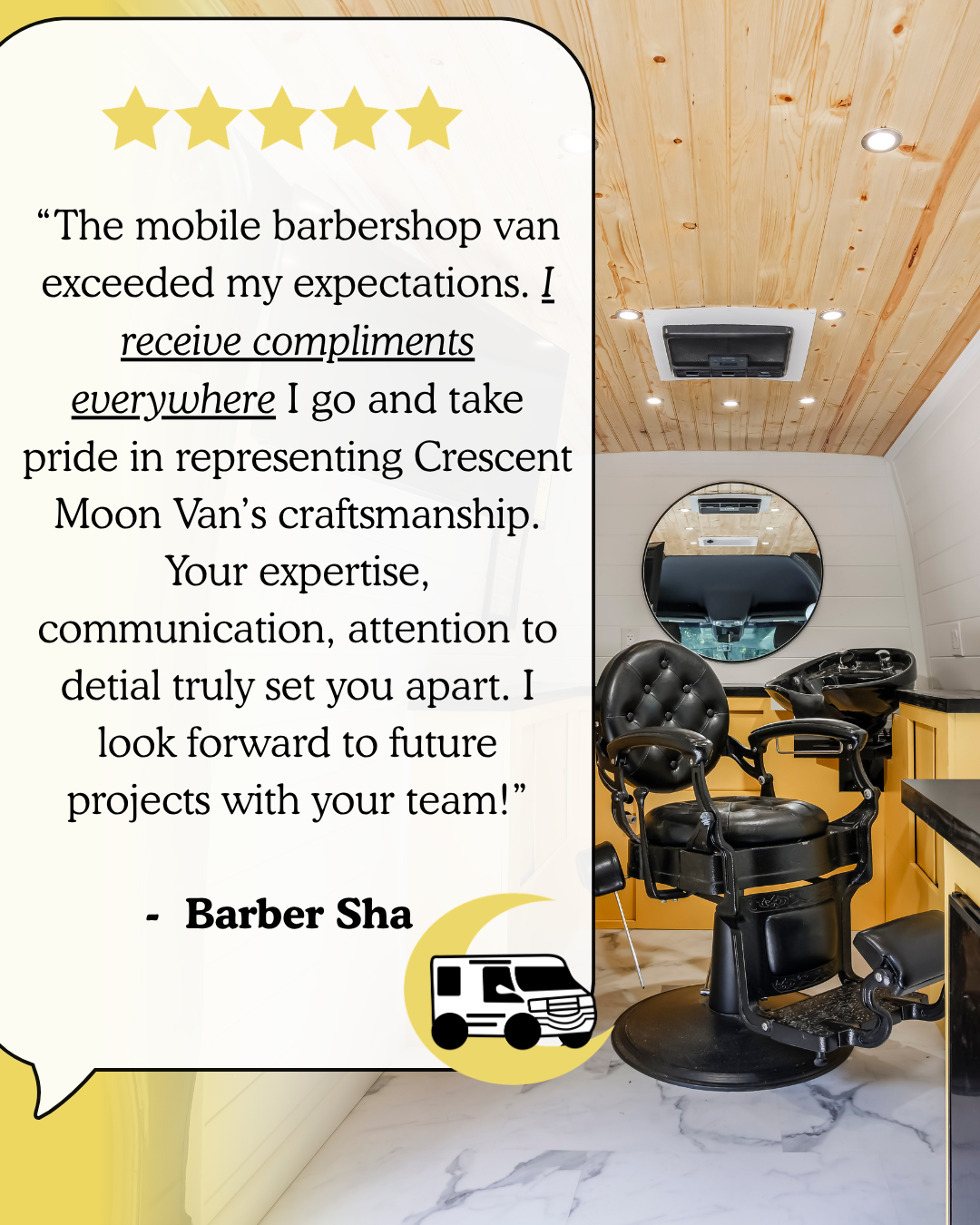 Five-star testimonial from Barber Sha about the mobile barbershop build