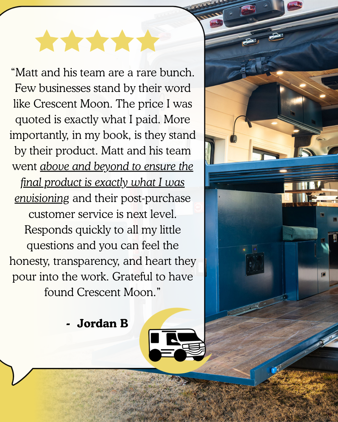 Five-star testimonial from Jordan B. about her custom campervan build