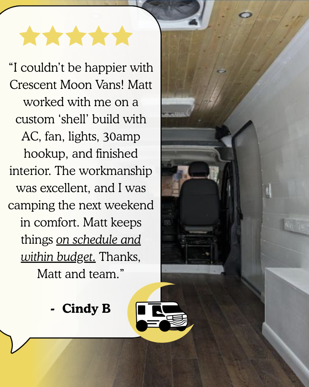 Five-star testimonial from Cindy B. about her custom shell build