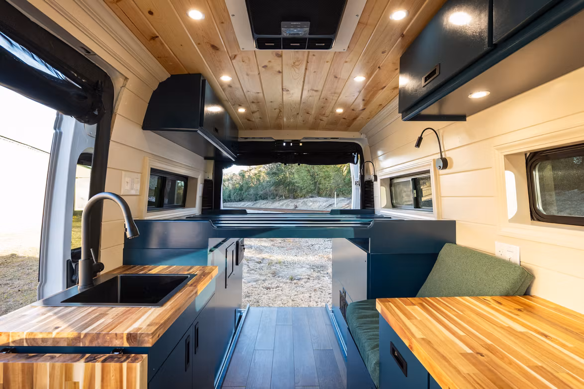 Campervan interior with cabinetry and living space
