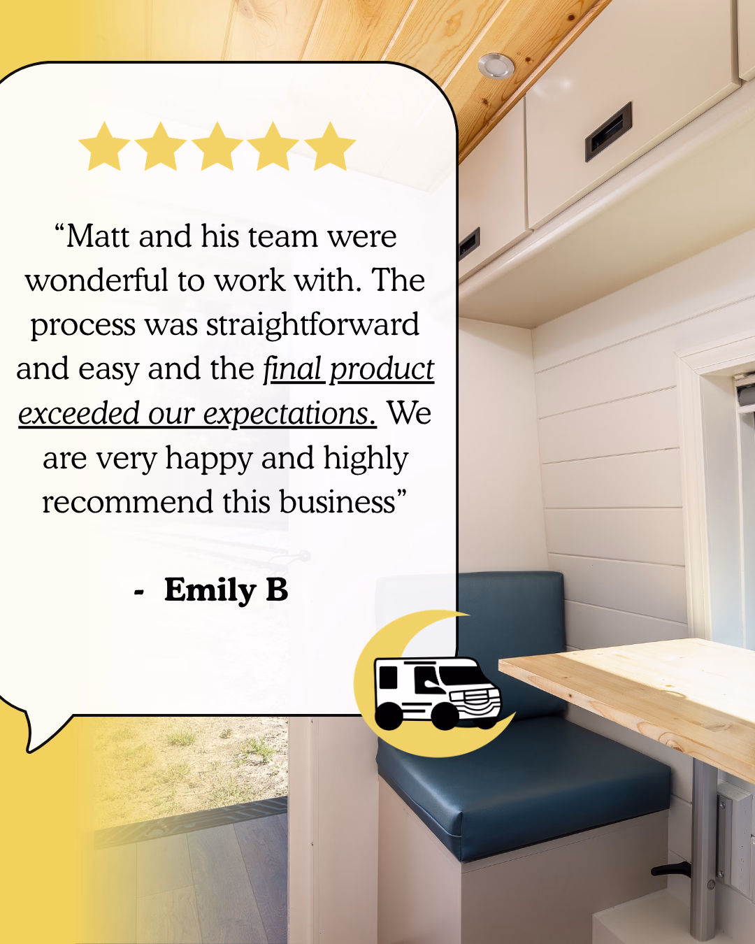 Five-star testimonial from Emily B. about her finished campervan build