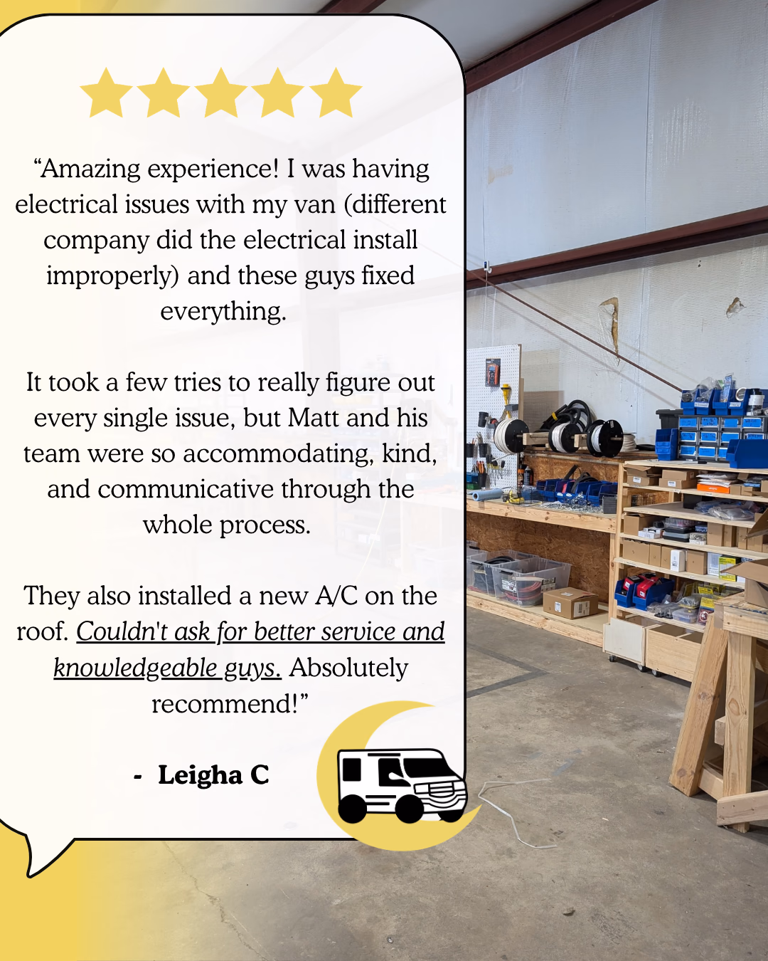 Five-star testimonial from Leigha C. about electrical repairs and a new roof air conditioner